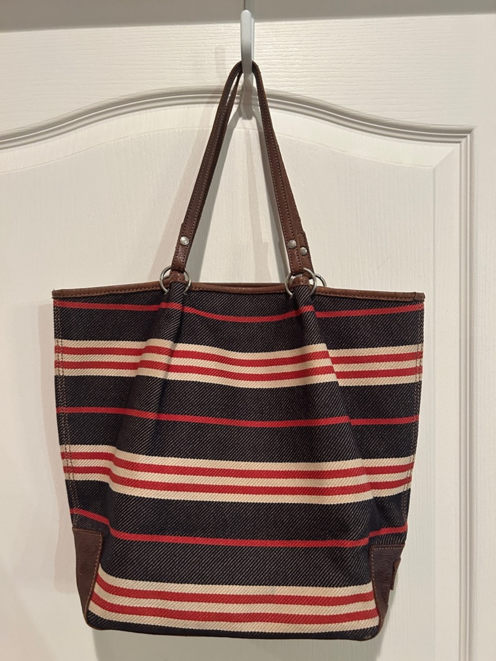 Burberry Navy, Cream & Red Striped Canvas Tote with Brown Trim